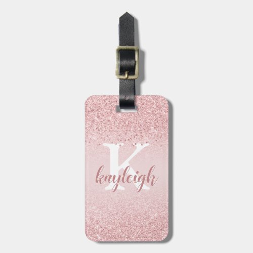 Chic Girly Glitter Rose Gold Sparkle Name Monogram Luggage Tag