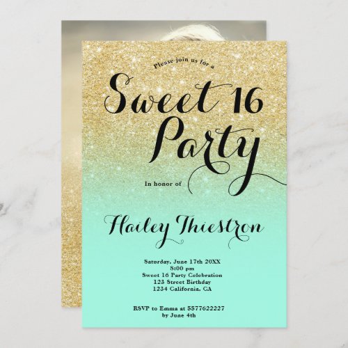 Chic girly gold glitter ombre teal photo Sweet 16 Invitation