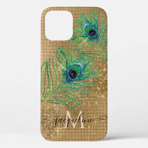 Chic Girly Gold Glitter Peacock Feathers Monogram iPhone 12 Case