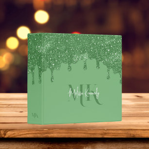 Chic Girly Green Glitter Drips Monogram With Name 3 Ring Binder