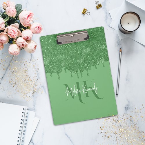 Chic Girly Green Glitter Drips Monogram With Name  Clipboard