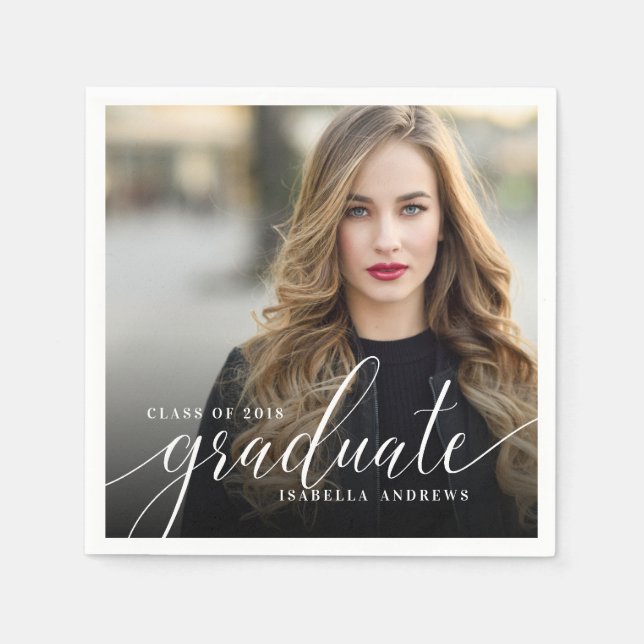 Chic Girly Hand Lettered Script Photo Graduation Napkins (Front)