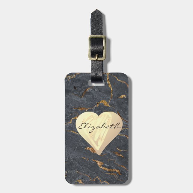 Chic Girly  Hearts,Gray Gold Marble Luggage Tag (Front Vertical)