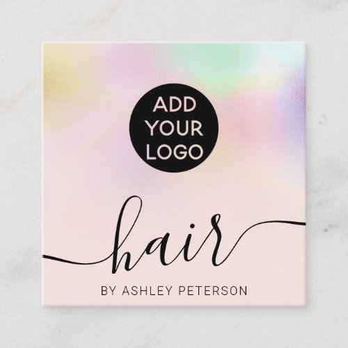 Chic girly holographic ombre blush pink hair logo square business card