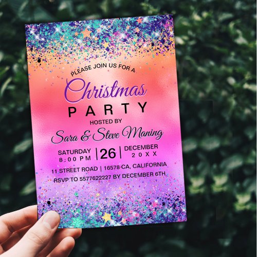 Chic girly iridescent unicorn glitter christmas invitation