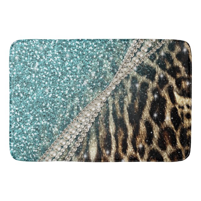 Chic Girly Leopard Print Blue Glitter Bath Mat (Front)