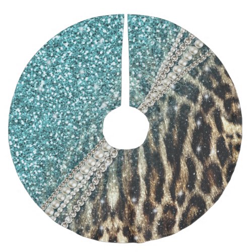 Chic Girly Leopard Print Blue Glitter Brushed Polyester Tree Skirt