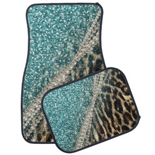 Chic Girly Leopard Print Blue Glitter Car Floor Mat