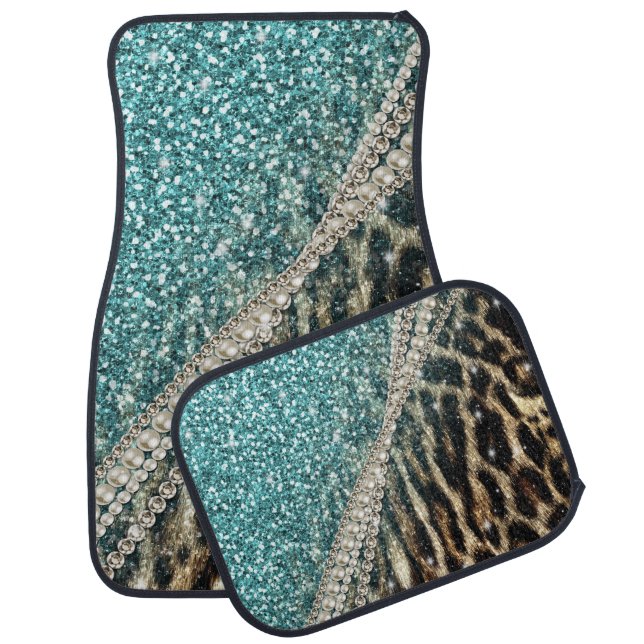 Chic Girly Leopard Print Blue Glitter Car Floor Mat (Set)