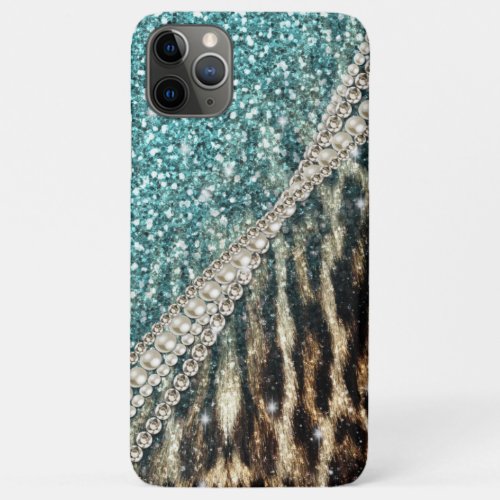 Chic Girly Leopard Print Blue Glitter iPhone 11 Pro Max Case