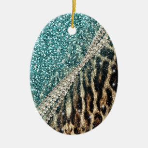 Chic Girly Leopard Print Blue Glitter Ceramic Ornament