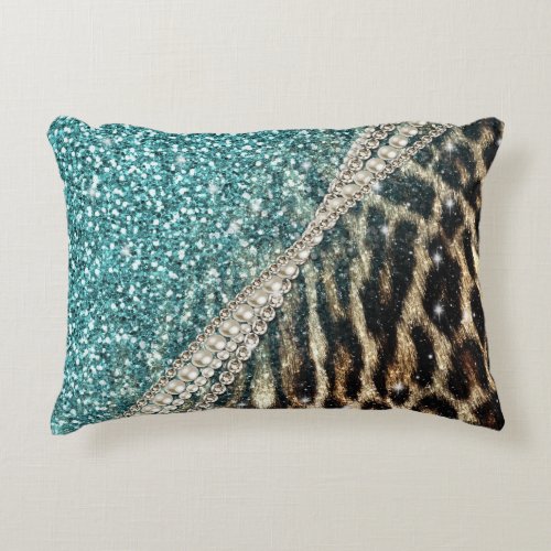 Chic Girly Leopard Print Blue Glitter Decorative Pillow