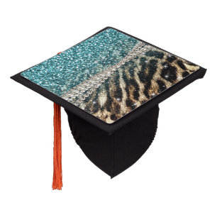 Chic Girly Leopard Print Blue Glitter Graduation Cap Topper