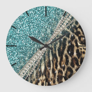 Chic Girly Leopard Print Blue Glitter Large Clock