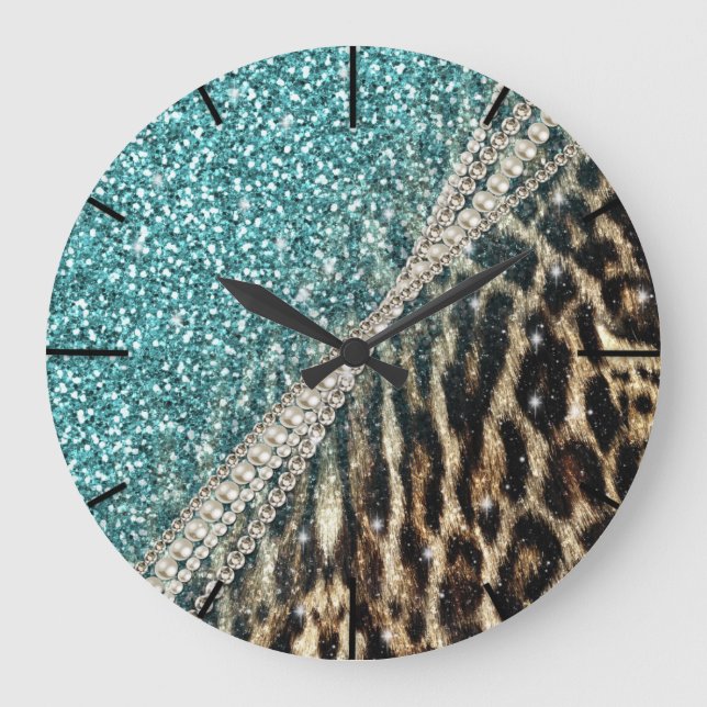 Chic Girly Leopard Print Blue Glitter Large Clock (Front)