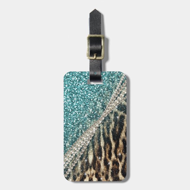 Chic Girly Leopard Print Blue Glitter Luggage Tag (Front Vertical)