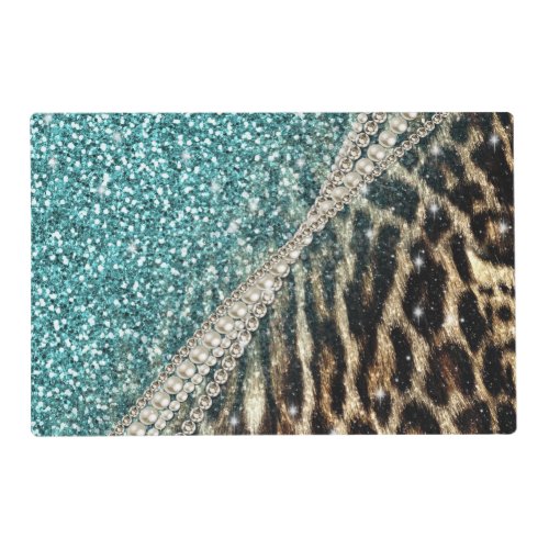 Chic Girly Leopard Print Blue Glitter Placemat