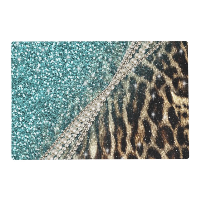Chic Girly Leopard Print Blue Glitter Placemat (Front)