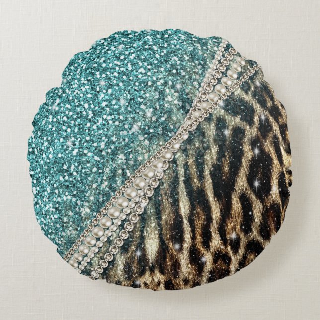 Chic Girly Leopard Print Blue Glitter Round Pillow (Front)