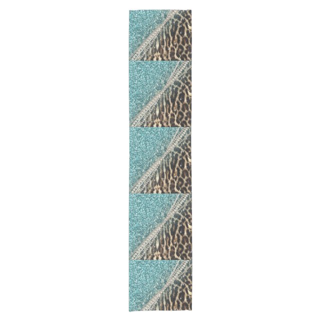 Chic Girly Leopard Print Blue Glitter Short Table Runner (Front)