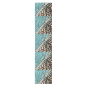Chic Girly Leopard Print Blue Glitter Short Table Runner