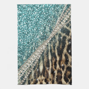 Chic Girly Leopard Print Blue Glitter Towel
