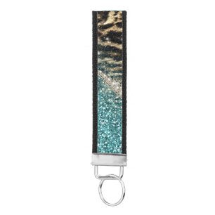 Chic Girly Leopard Print Blue Glitter Wrist Keychain