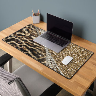 Chic Girly Leopard Print Gold Glitter Desk Mat