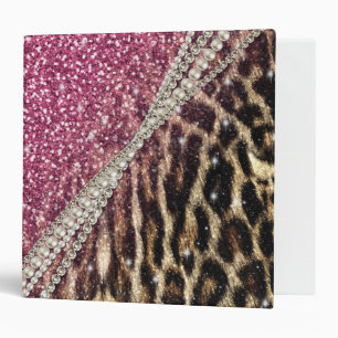 Chic Girly Leopard Print Pink Glitter 3 Ring Binder