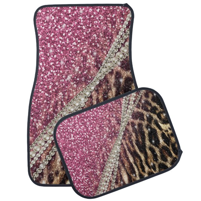 Chic Girly Leopard Print Pink Glitter Car Mat (Set)