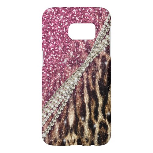 Chic Girly Leopard Print Pink Glitter Samsung Galaxy S7 Case