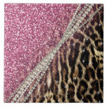 Chic Girly Leopard Print Pink Glitter Ceramic Tile at Zazzle