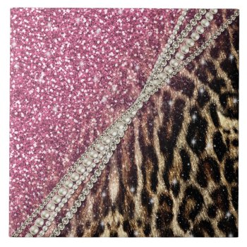 Chic Girly Leopard Print Pink Glitter Ceramic Tile by InovArtS at Zazzle