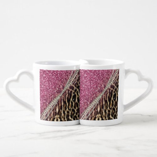 Chic Girly Leopard Print Pink Glitter Coffee Mug Set
