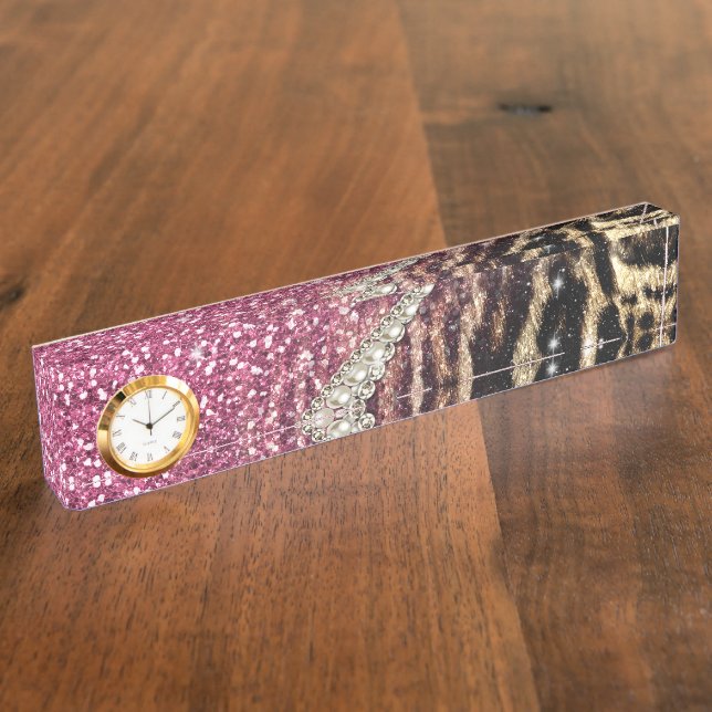 Chic Girly Leopard Print Pink Glitter Desk Name Plate (Side)