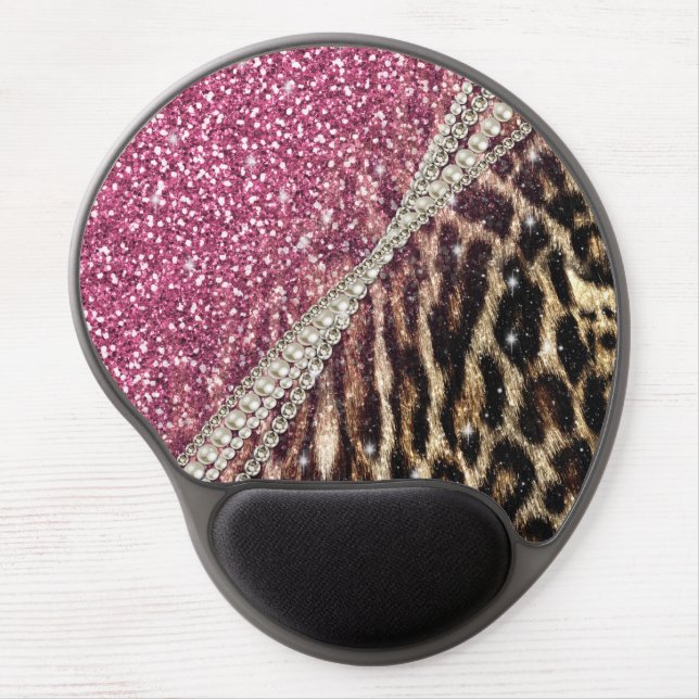 Chic Girly Leopard Print Pink Glitter Gel Mouse Pad (Front)