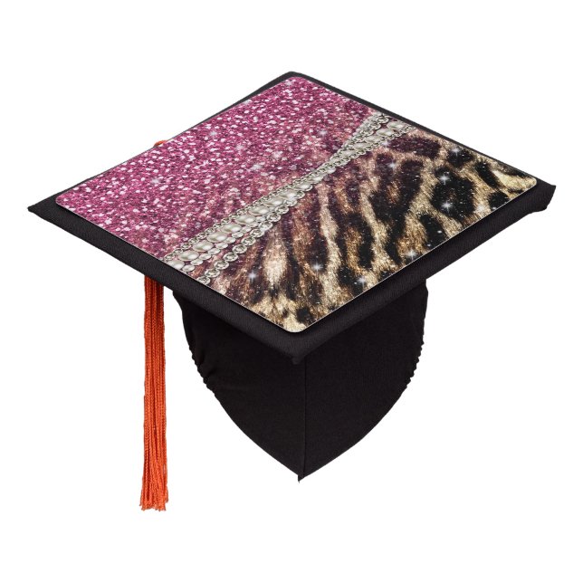 Chic Girly Leopard Print Pink Glitter Graduation Cap Topper (Angled)