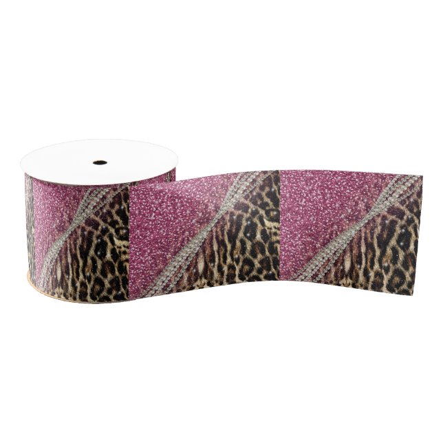 Chic Girly Leopard Print Pink Glitter Grosgrain Ribbon (Spool)