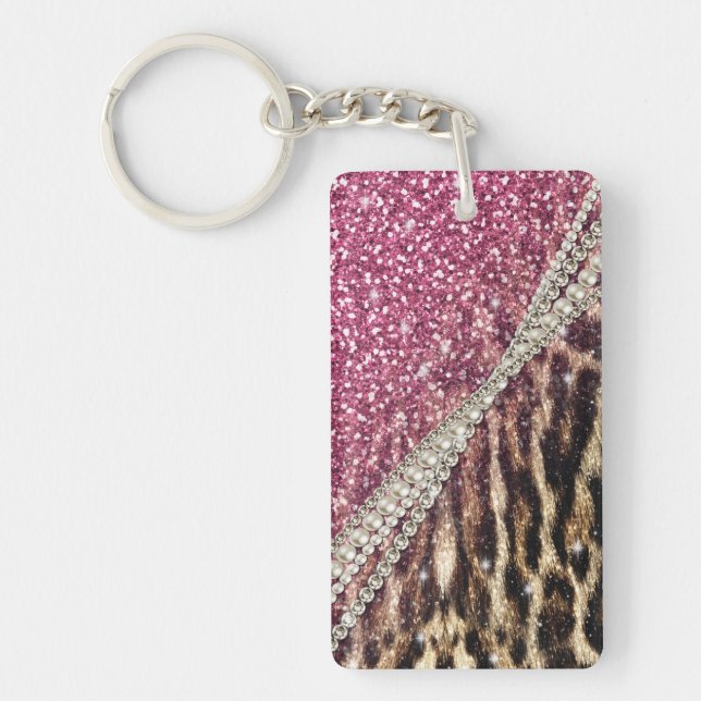 Chic Girly Leopard Print Pink Glitter Keychain (Front)