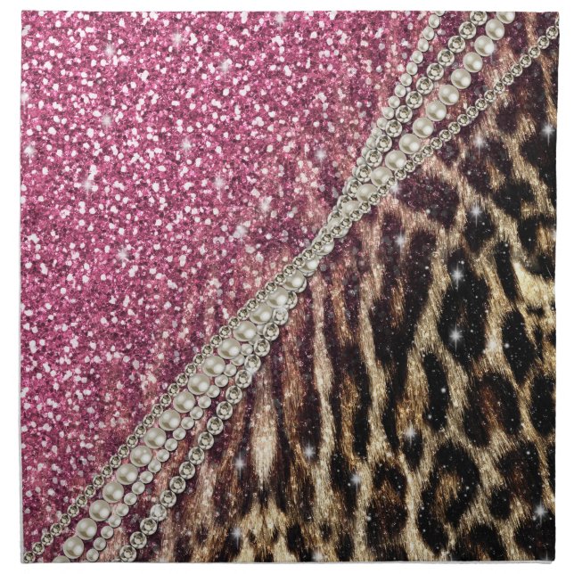 Chic Girly Leopard Print Pink Glitter Napkin (Front)