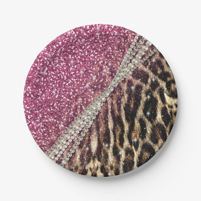 Chic Girly Leopard Print Pink Glitter Paper Plates (Front)