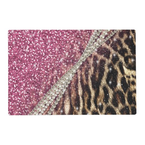 Chic Girly Leopard Print Pink Glitter Placemat