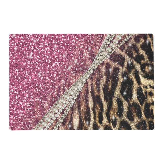 Chic Girly Leopard Print Pink Glitter Placemat (Front)