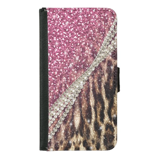 Chic Girly Leopard Print Pink Glitter Samsung Galaxy Wallet Case (Front)