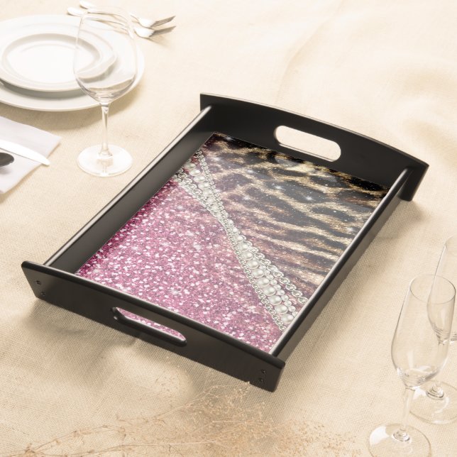 Chic Girly Leopard Print Pink Glitter Serving Tray (Front)
