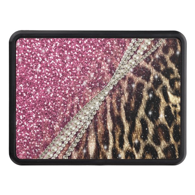 Chic Girly Leopard Print Pink Glitter Tow Hitch Cover (Front)