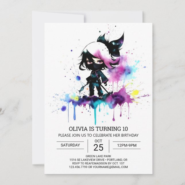 Chic Girly Little Ninja Birthday Invitation (Front)