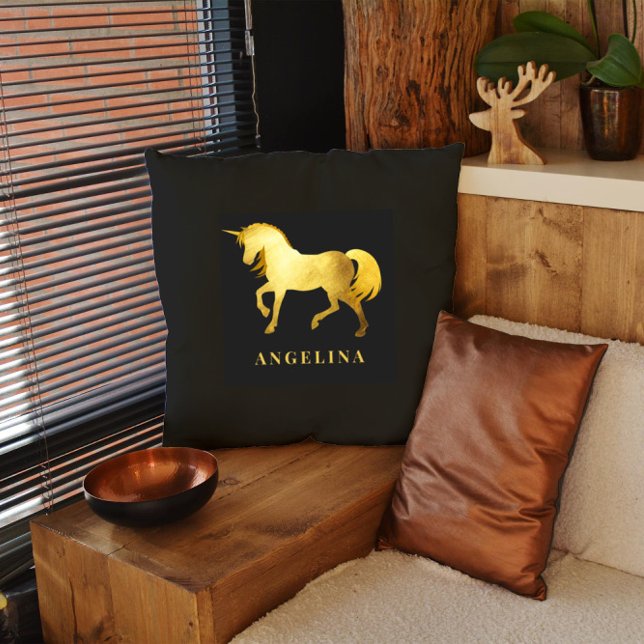  Chic Girly Luxury Black Gold Unicorn Personalized Throw Pillow (Creator Uploaded)