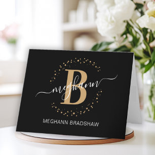 Chic Girly Modern Black Gold Name Script Monogram Letterpress Thank You Card