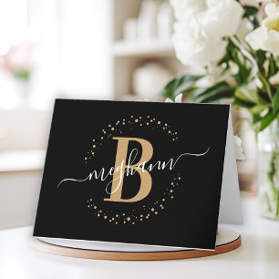 Chic Girly Modern Black Gold Name Script Monogram Letterpress Thank You Card